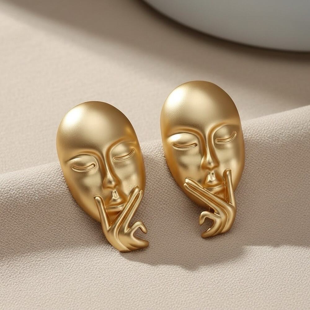 Abstract Gold Hand Face Earrings Mask Surreal Statement Modernist Museum Art VTG